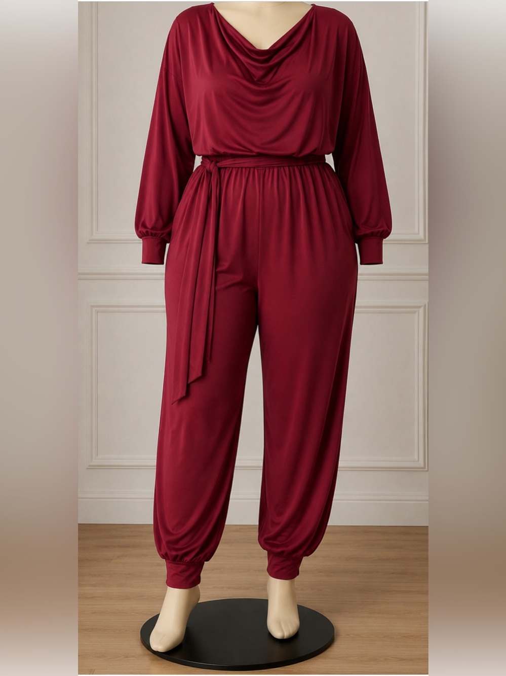 Fashion Nova Wine Red Wide-Leg Jumpsuit with Self-Tie